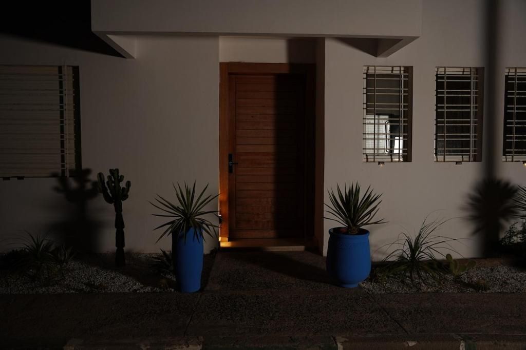 A modern building with a wooden door, potted plants, and a window with horizontal blinds.