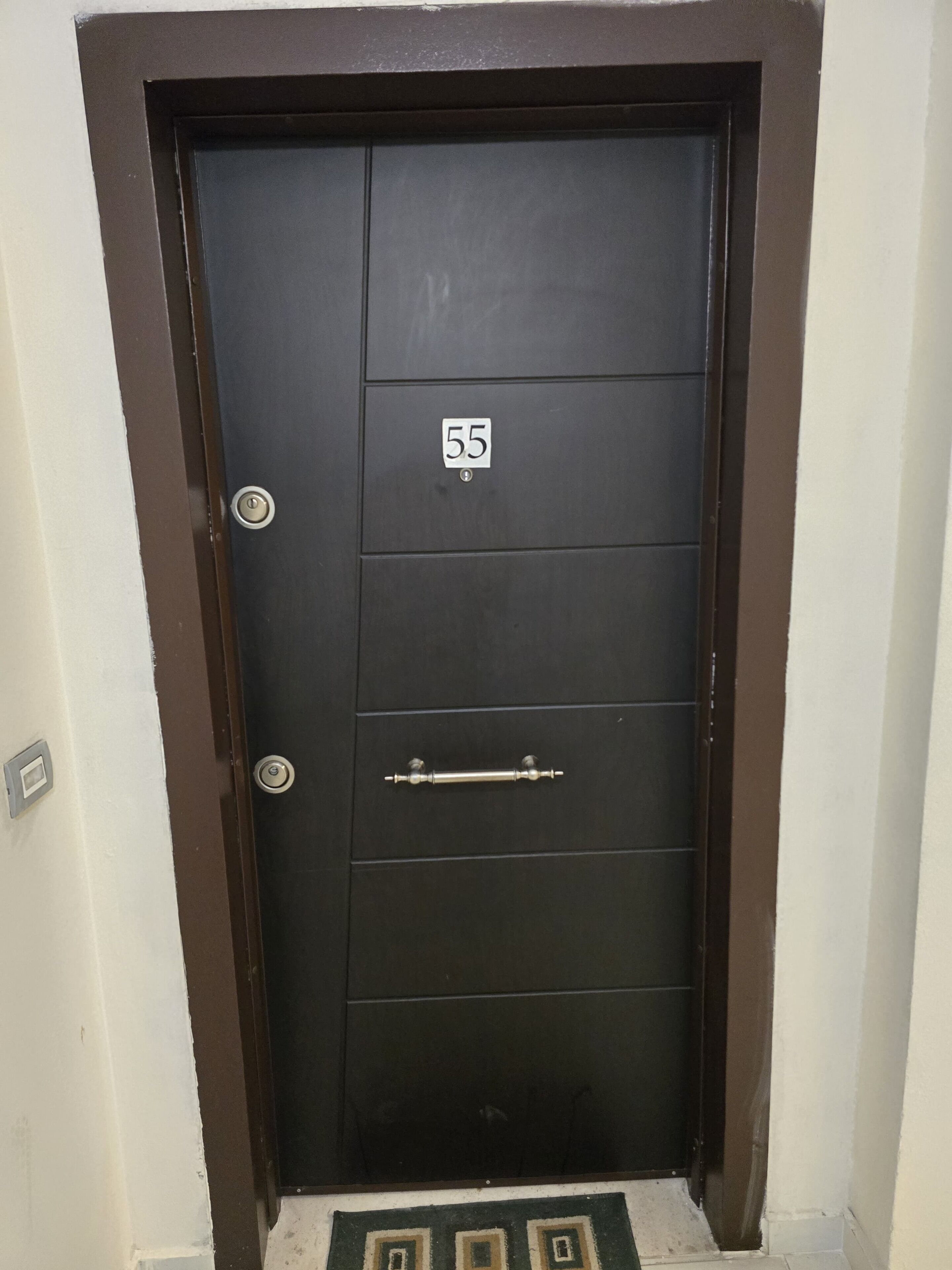 Eine schwarze Tür mit der Nummer 55 und einem Türgriff.