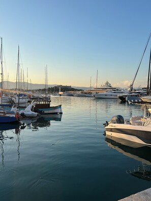 Un port de plaisance où sont amarrés différents types de bateaux, avec une eau calme et, au loin, une structure qui ressemble à un château.