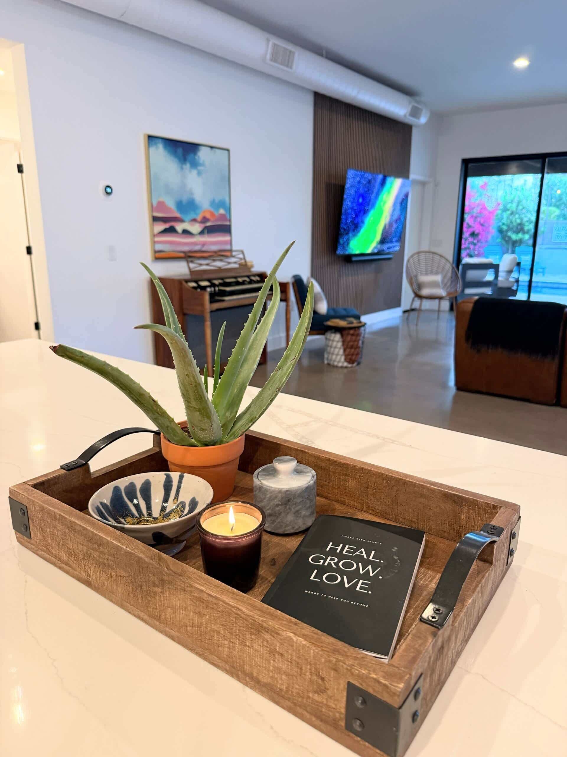 Un plateau en bois sur lequel on a posé un pot d’aloès, une bougie, un bol et un livre intitulé « GUÉRIR ET NOURRIR L’AMOUR », dans un salon moderne avec une télévision et des œuvres d’art accrochées au mur.