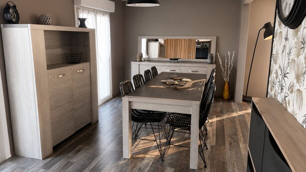 A modern kitchen with a dining area, wooden cabinets, and a pendant light. - Le Clos de Candimalo (Epinal–Gérardmer route) (La Baffe)