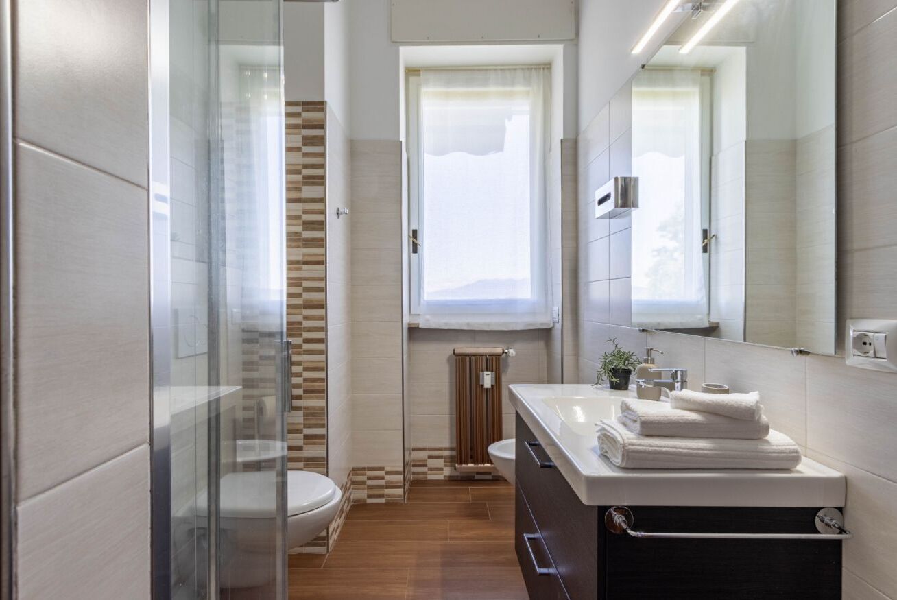 Shower, bidet, towels, toilet paper