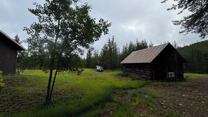 Eine rustikale Holzhütte mit Metallbedachung, umgeben von einer Wiese und dichtem Wald.