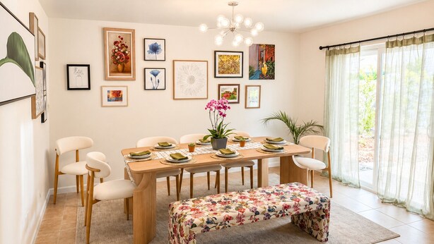 A dining area with a wooden table, chairs, a bench, and a chandelier. - Walk to Old Town • Pool • Golf • Sleeps 10 (Scottsdale)