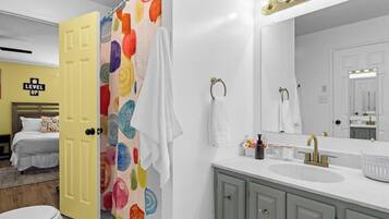 Shower, hair dryer, shampoo