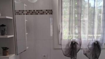 Shower, hair dryer, towels, toilet paper