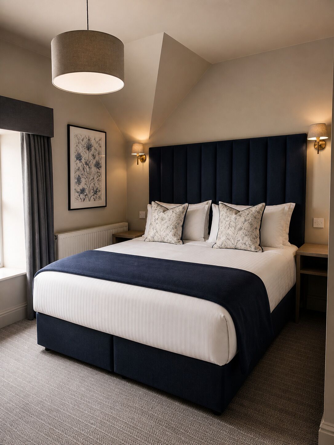 Une chambre moderne avec un grand lit, une tête de lit sombre et un luminaire suspendu.