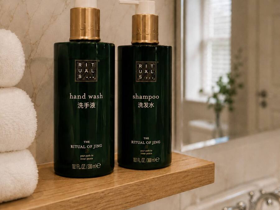 Two bottles of Ritual of Jing hand wash and shampoo on a wooden shelf in a bathroom with a marble wall and a large mirror.