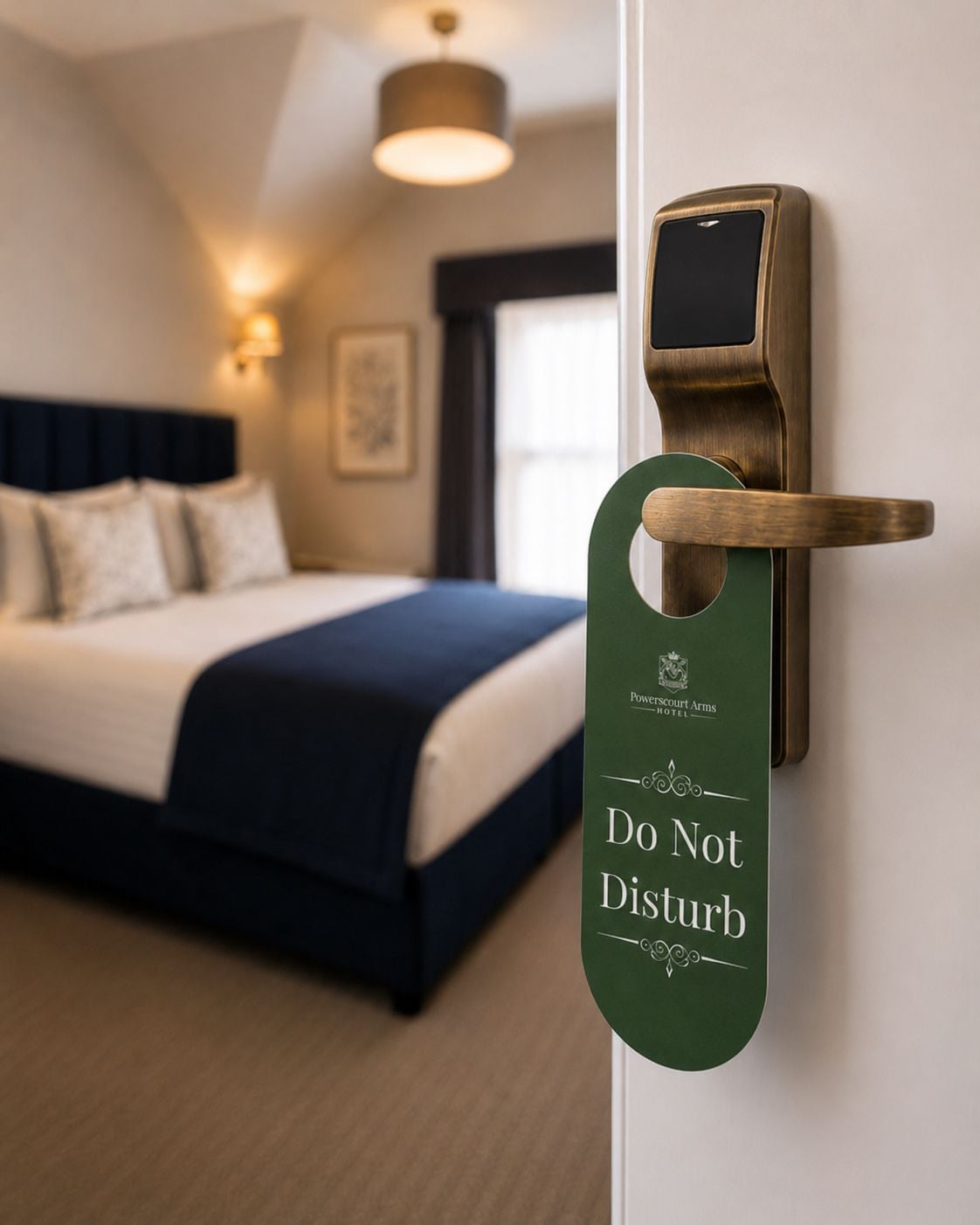 Habitación de hotel con cama, manija en la pared y un cartel de 'No molestar'.