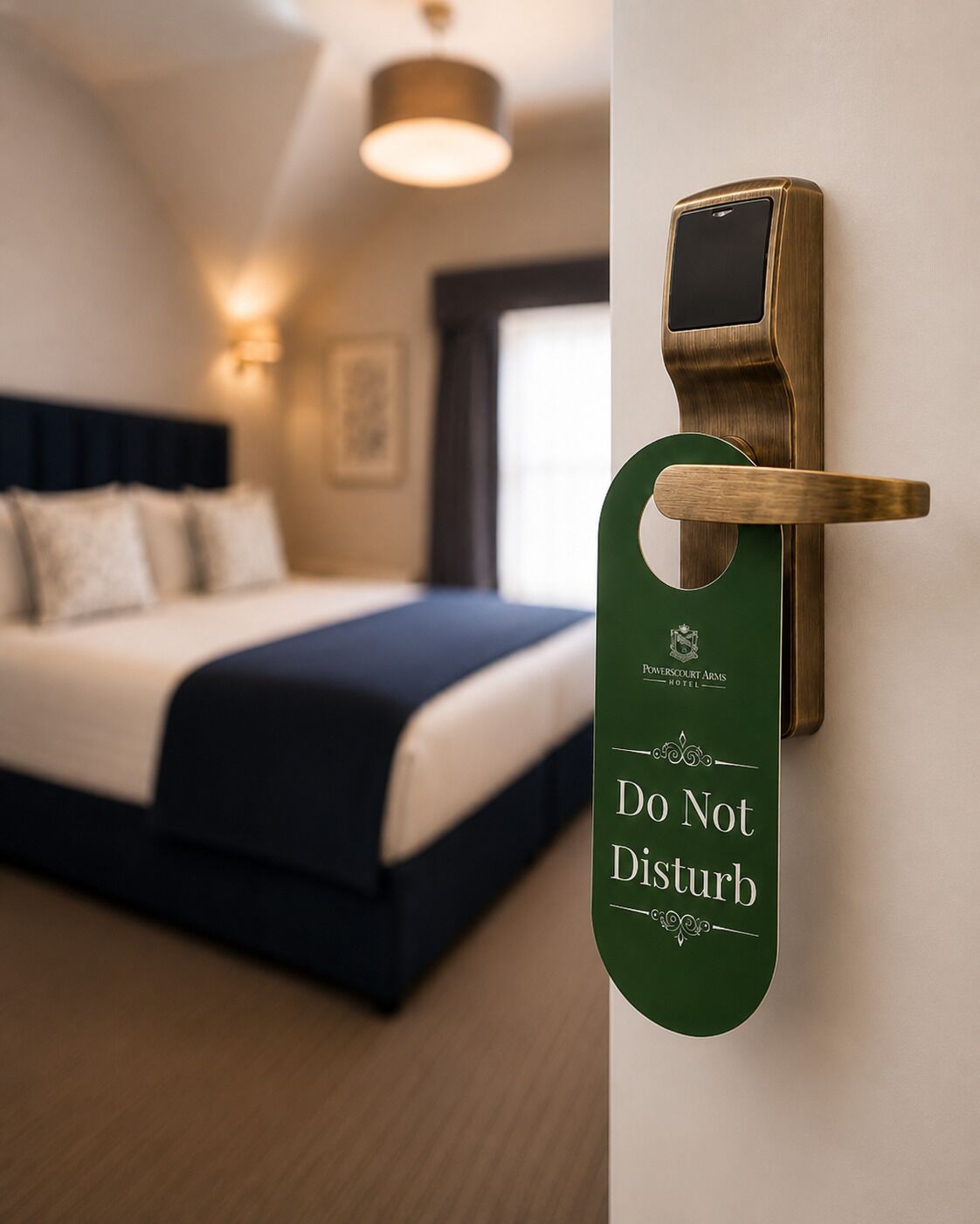 A hotel room with a bed, a wall-mounted door with a 'DO NOT Disturb' sign, and a pendant light.