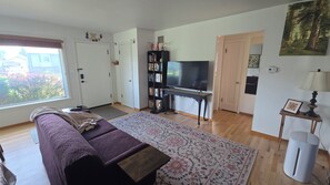 En stue med sofa, fjernsyn, bogreol og lampe.