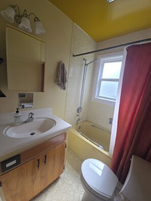 Et badeværelse med vask, spejl, brusebad og toilet.