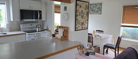 Et moderne køkken med hvide skabe, en mikrobølgeovn og en elkedel på komfuret.