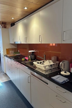 A modern kitchen with white cabinets, a black countertop, and a built-in dishwasher. - Steingräbji 1. OG Süd Appartement/Fewo, Dusche oder Bad, WC by Interhome (Mörel-Breiten)