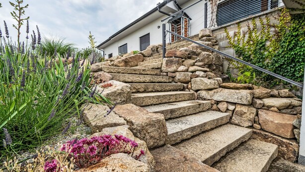 A stone staircase leading to a building with a metal handrail, surrounded by various plants and flowers.