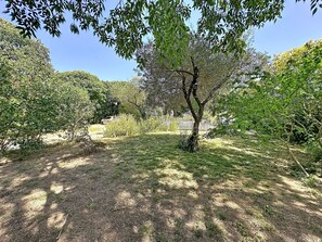 Une cour bordée d’arbres, avec une clôture, un chemin de gravier et une voiture garée.