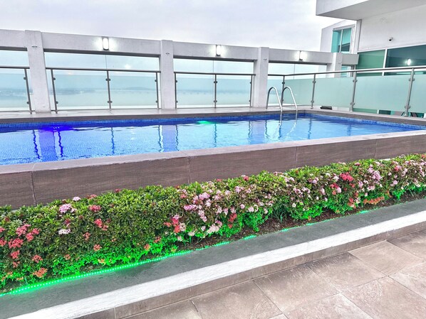 A rooftop pool with a glass balustrade, a flower bed with pink and green plants, and a view of the cityscape.