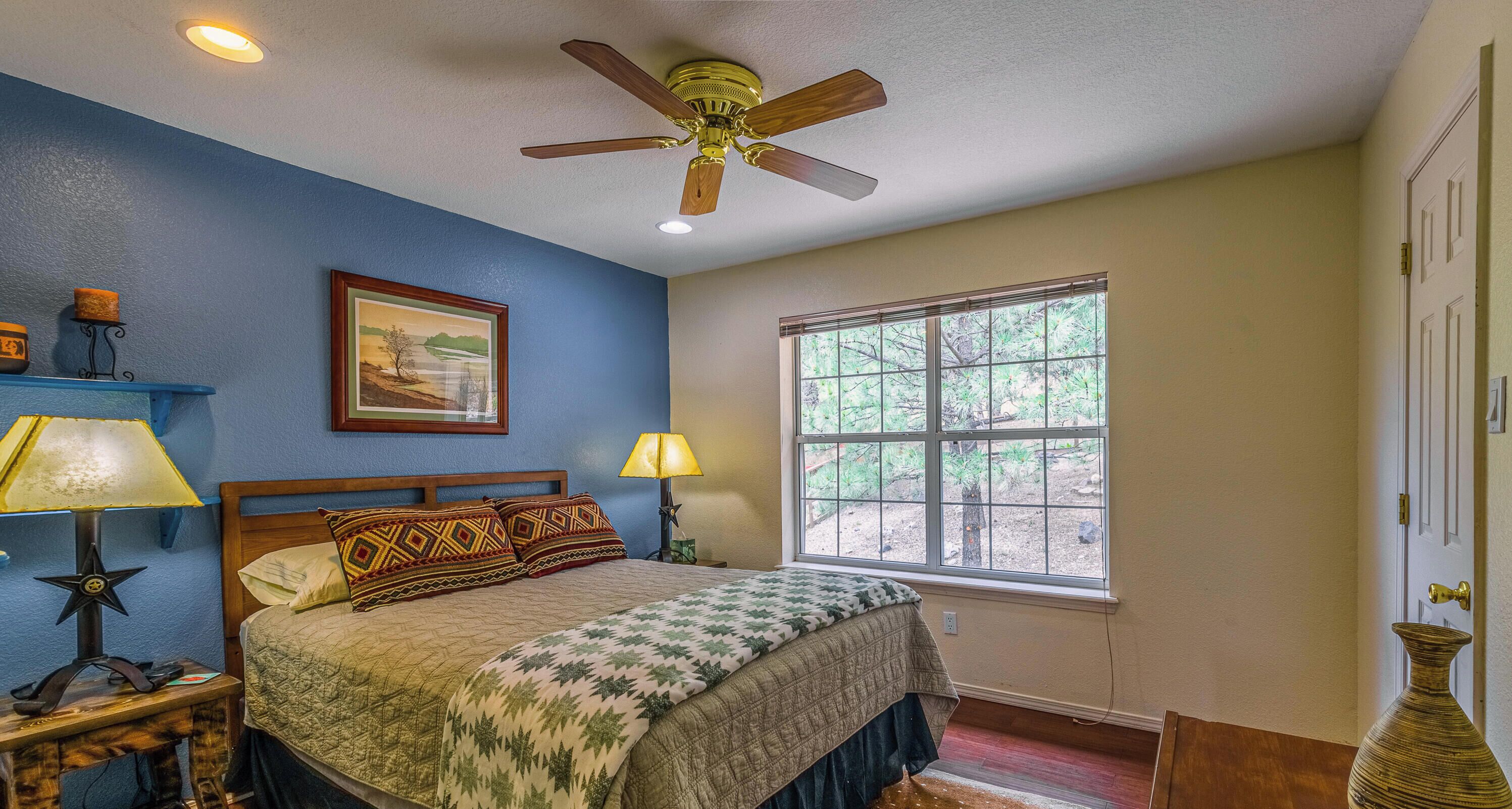 A bedroom with a bed, two bedside lamps, a ceiling fan, a window with a view, and a framed picture on the wall.