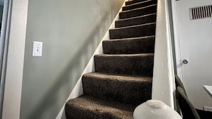 Un escalier dont les marches sont recouvertes de moquette, menant à une porte.