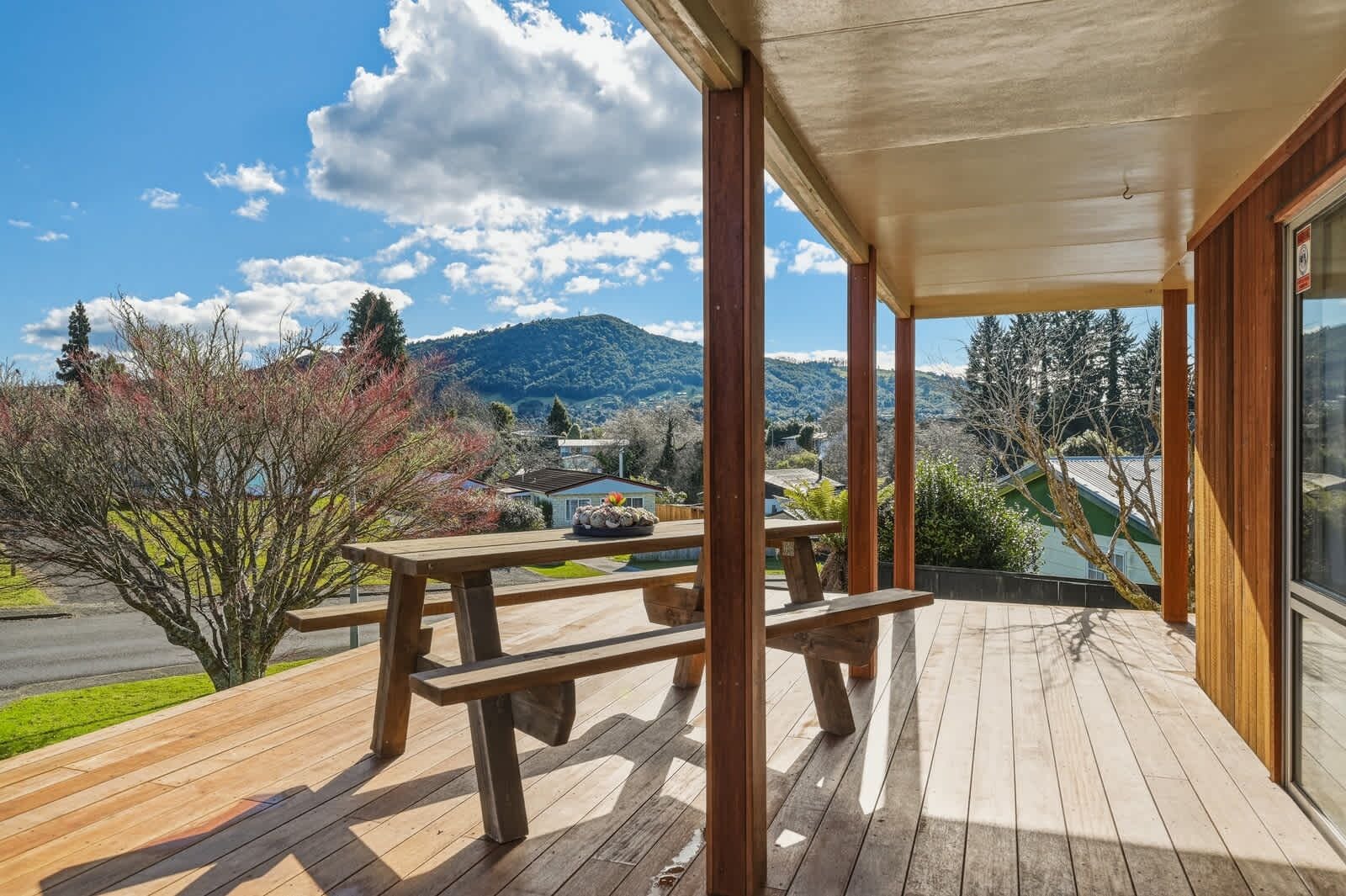 Sunny front deck with views of Mount Ngongotaha