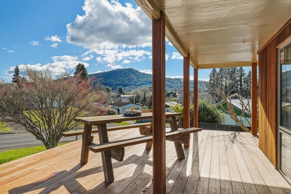 Sunny front deck with views of Mount Ngongotaha