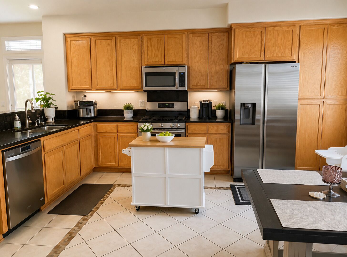 Fridge, microwave, coffee/tea maker, cookware/dishes/utensils