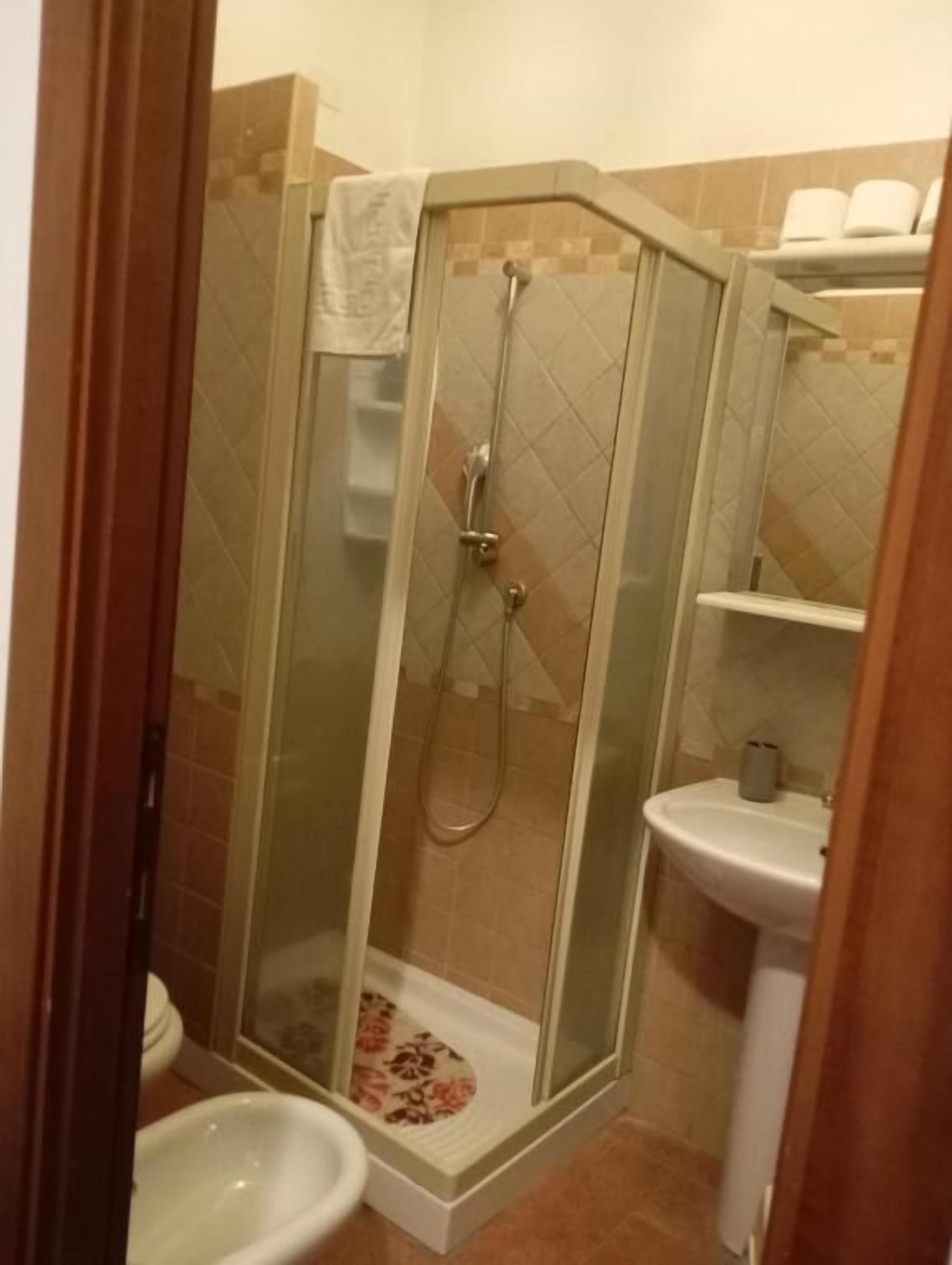 Eine Dusche mit Glastür, ein weißes Waschbecken und eine Toilette.