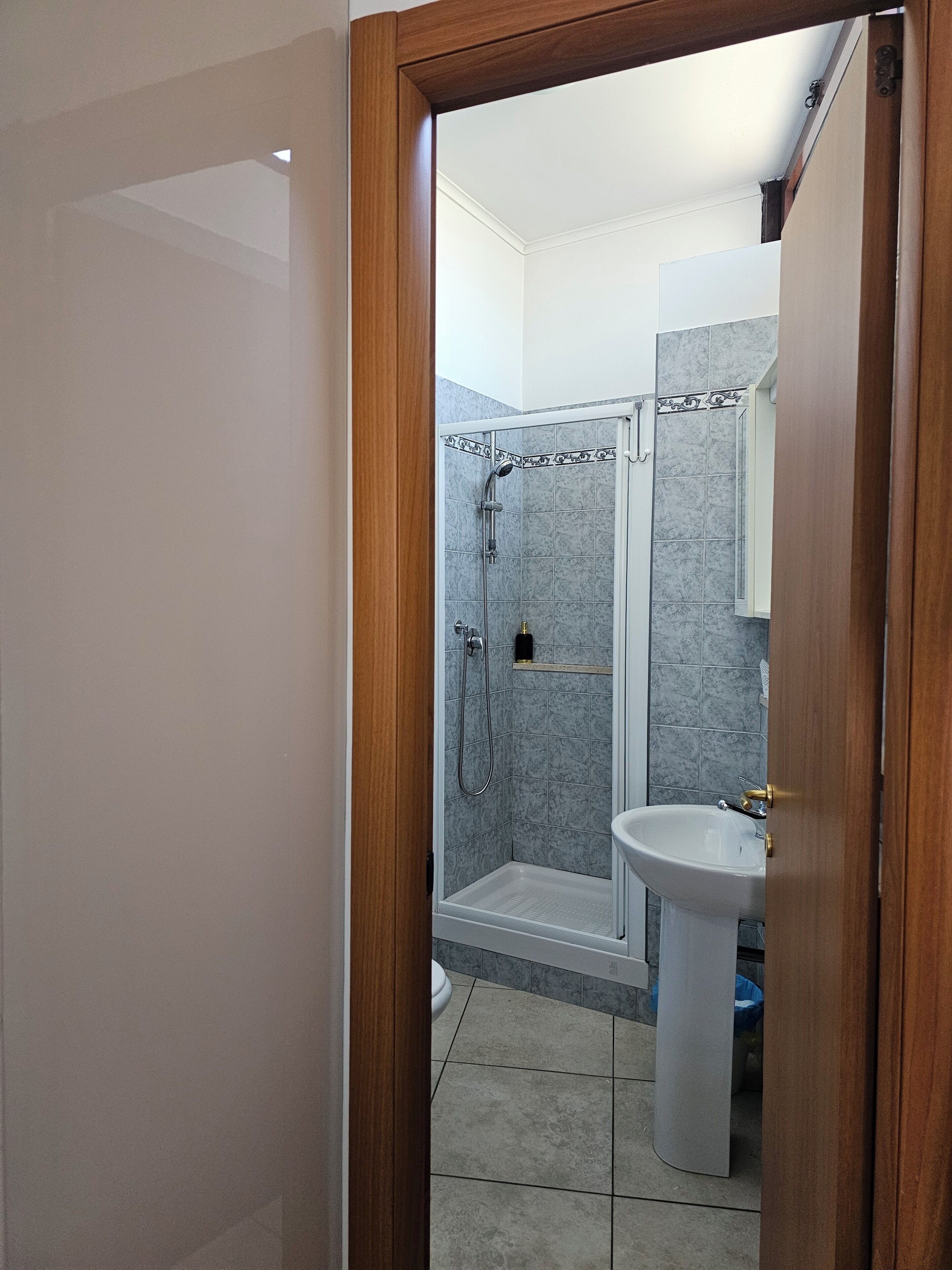 A bathroom with a shower, a sink, and a toilet.