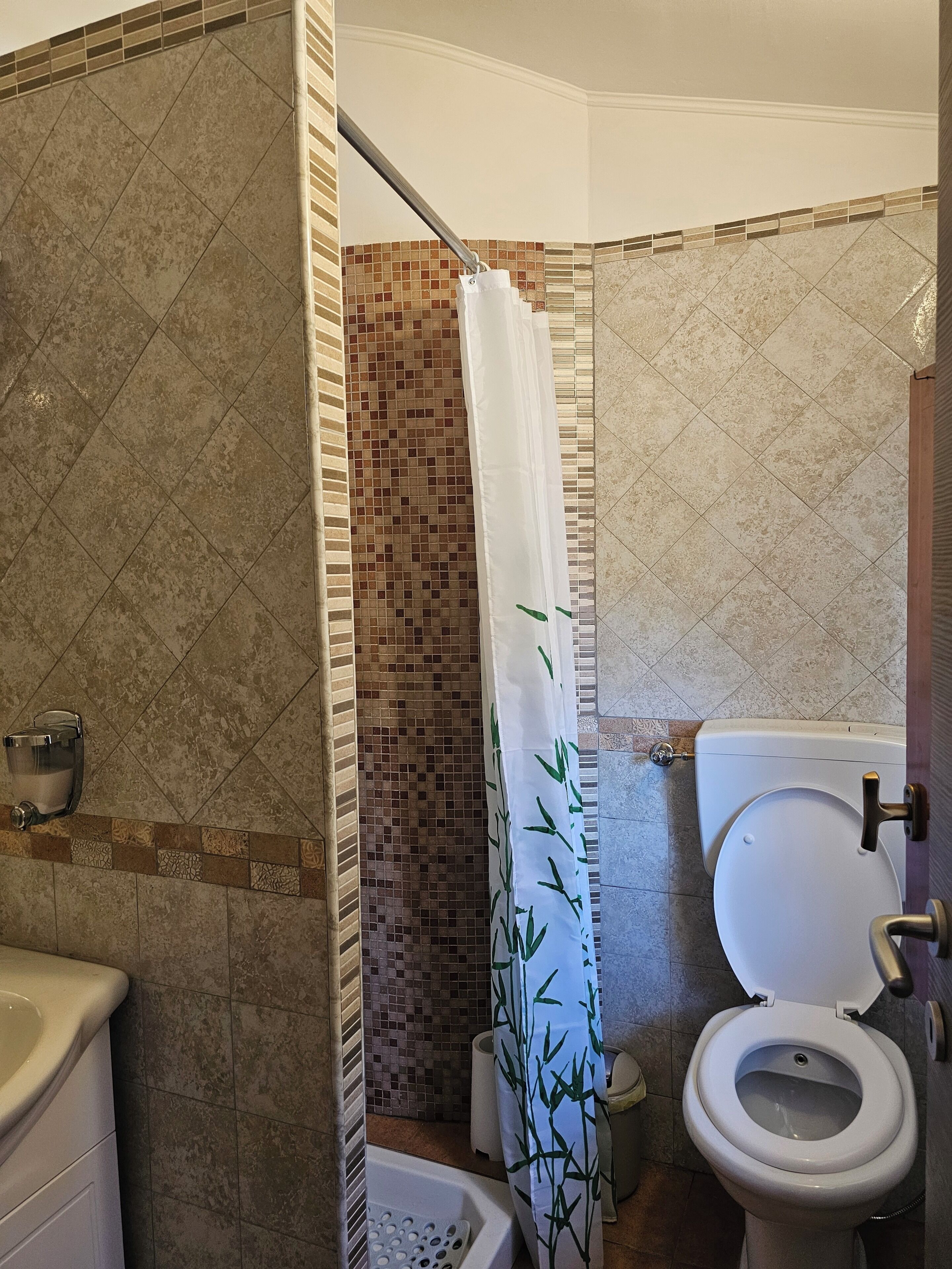 Un baño con inodoro, cortina de ducha y pared de azulejos.