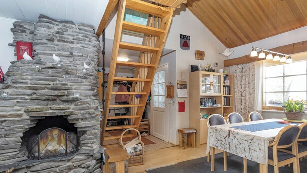 Une pièce chaleureuse avec une cheminée en pierre, une échelle en bois, une bibliothèque, une table à manger avec des chaises et une fenêtre offrant une belle vue.