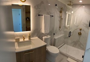 Dusche, Haartrockner, Handtücher, Seife