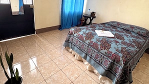 A room with a bed, a small table, a potted plant, and a window with curtains. - Casa de Huéspedes Elizabeth (Antigua Guatemala)