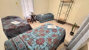 A room with two beds, a small table, a chair, a drying rack, and a potted plant. - Casa de Huéspedes Elizabeth (Antigua Guatemala)