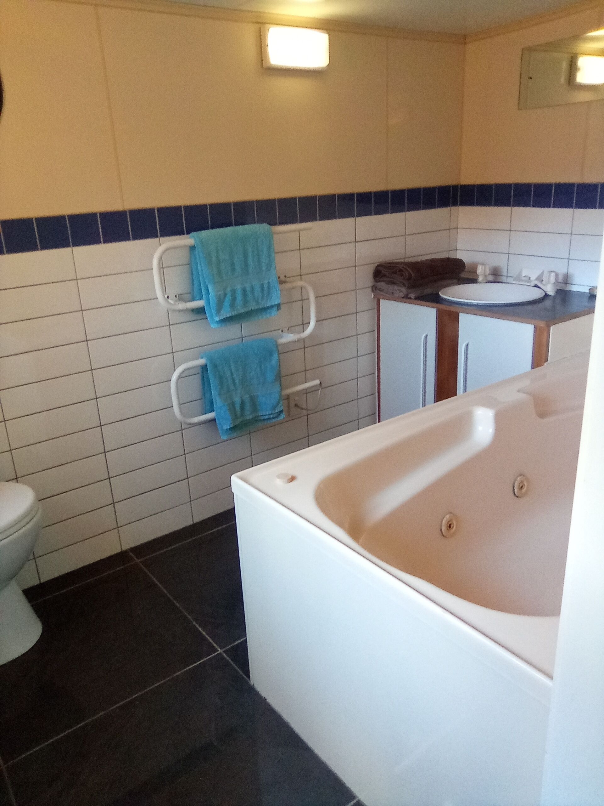 Jetted bath, hair dryer, towels, soap