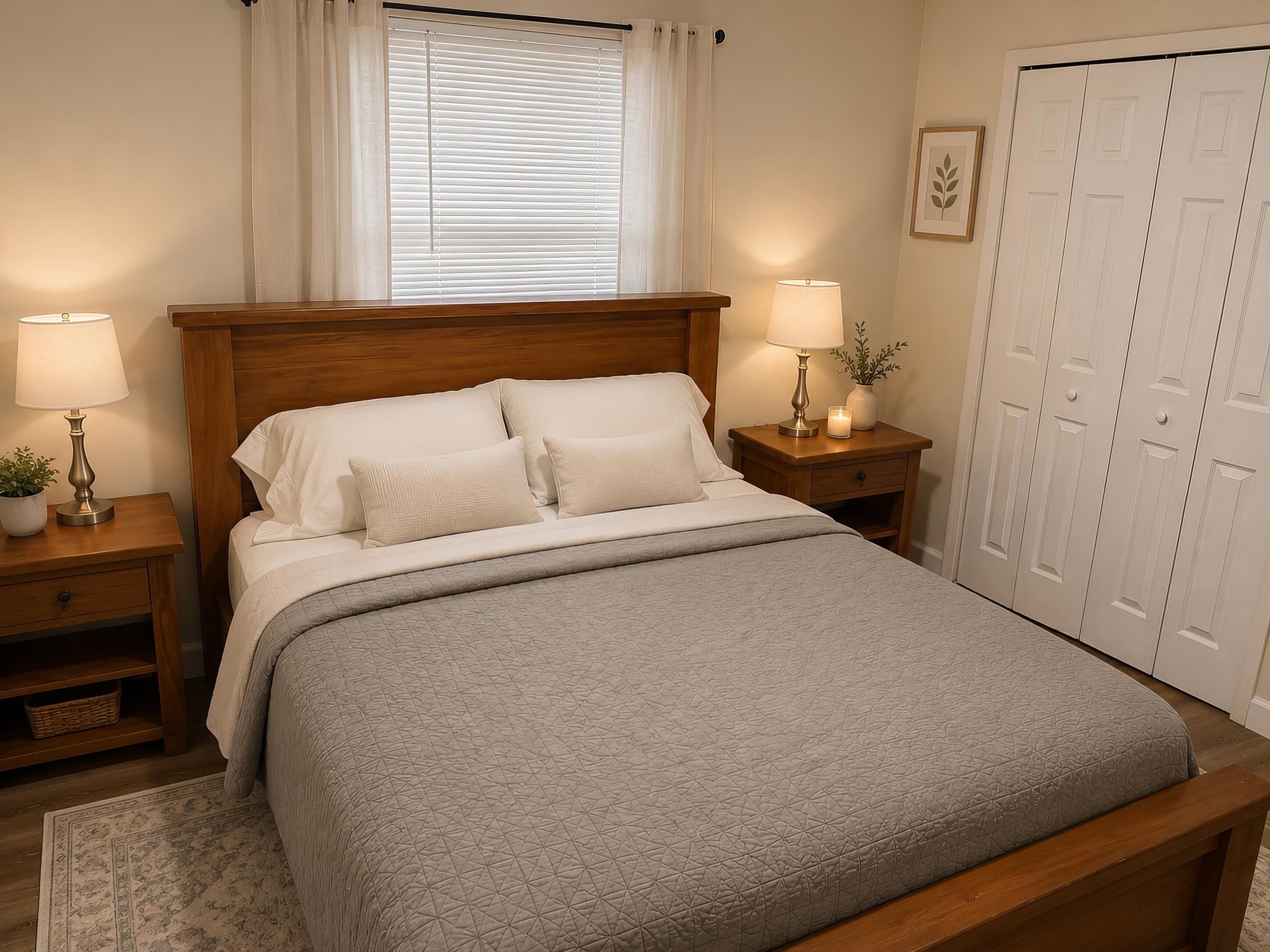 Un dormitorio ordenado con cama, dos mesitas de noche con lámparas, una mesita auxiliar, una ventana con cortinas y un armario.