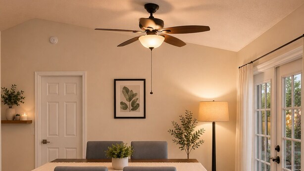 A dining area with a wooden table, four chairs, a ceiling fan, a floor lamp, and a potted plant. - Serene 3-bedroom 2 bathroom house with  pool and dining area-pet friendly (Lake Placid)