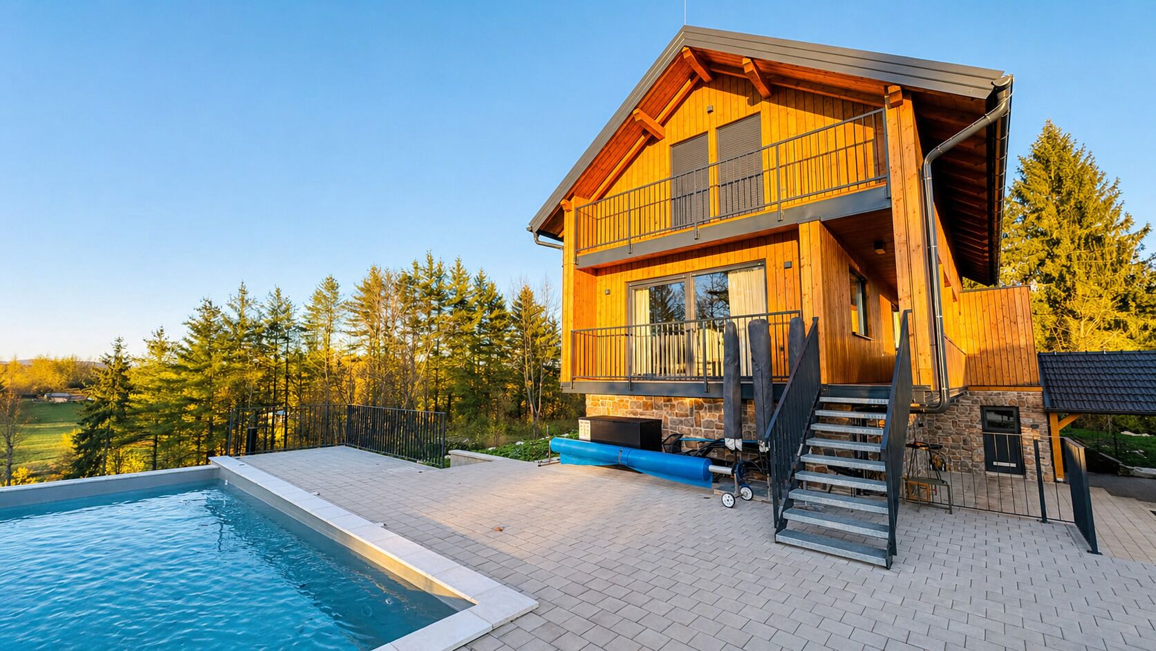 A two-story wooden house with a swimming pool, outdoor stairs, and a view of a forested area.