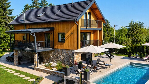 Una casa a due piani con fondamenta in pietra, un balcone, una piscina e mobili da esterno.