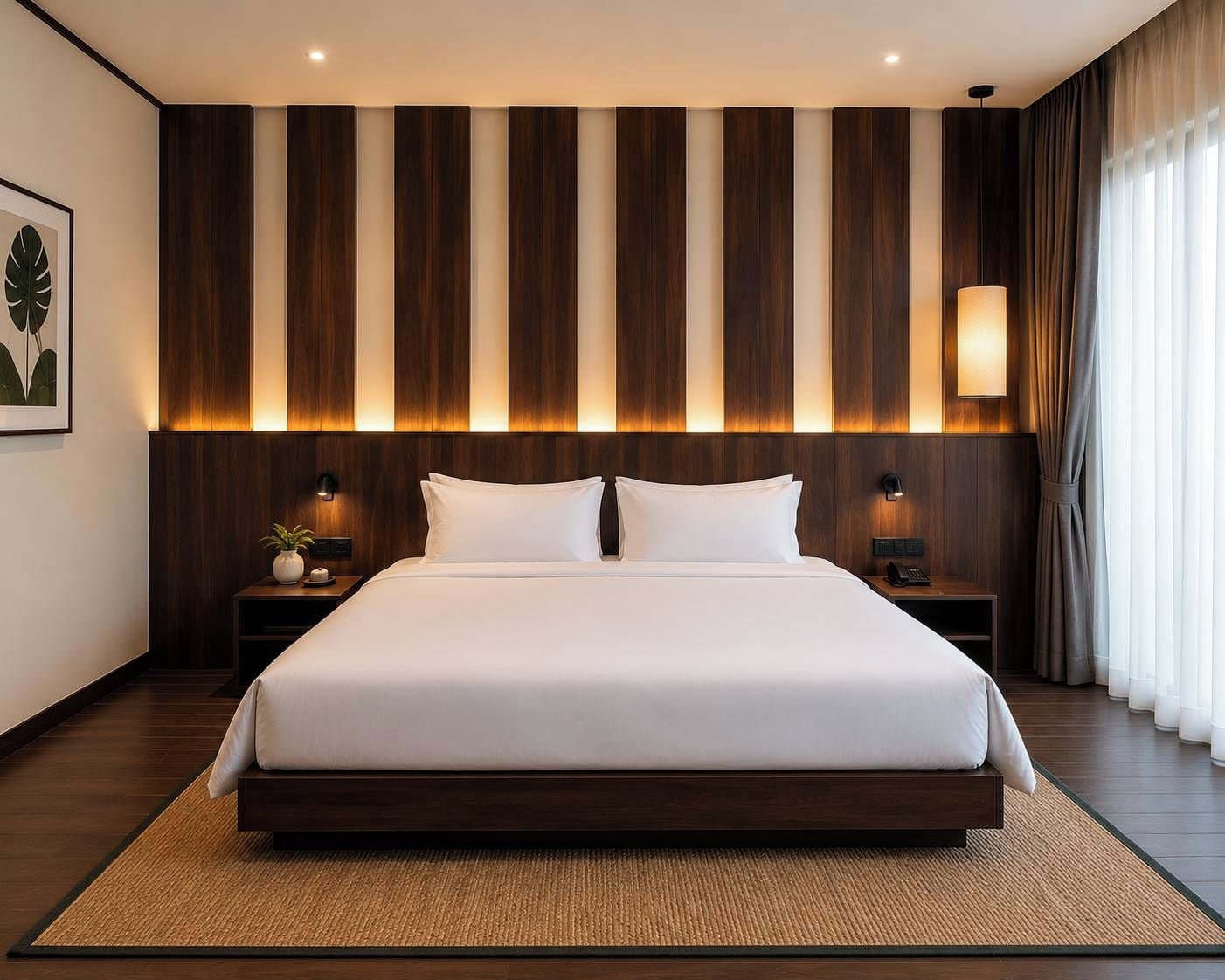 Une chambre d’hôtel moderne avec un grand lit, un mur lambrissé en bois, deux tables de chevet avec des lampes et une vue sur l’extérieur.