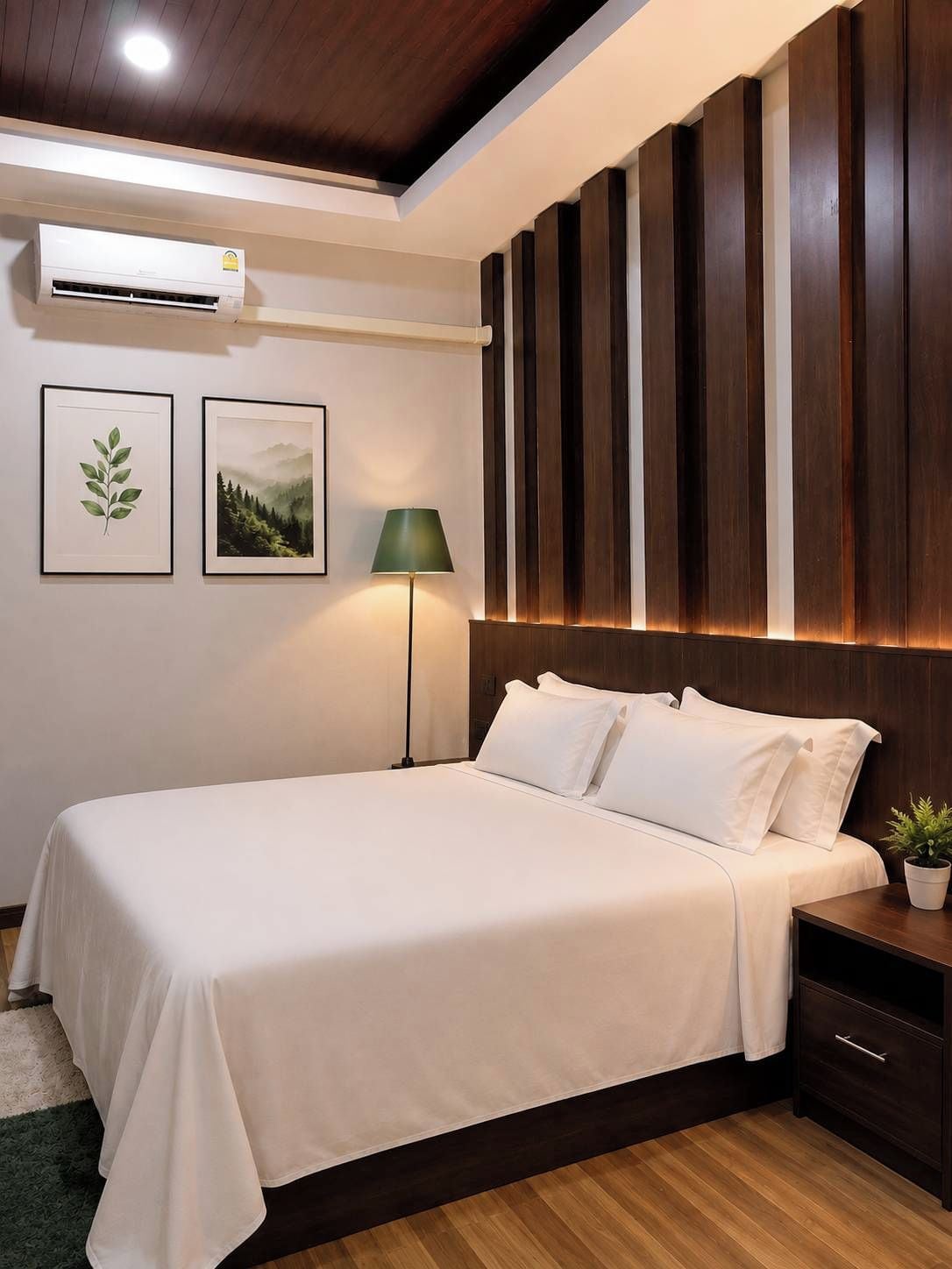 A neatly made bed with white linens, a bedside lamp, and a small potted plant.