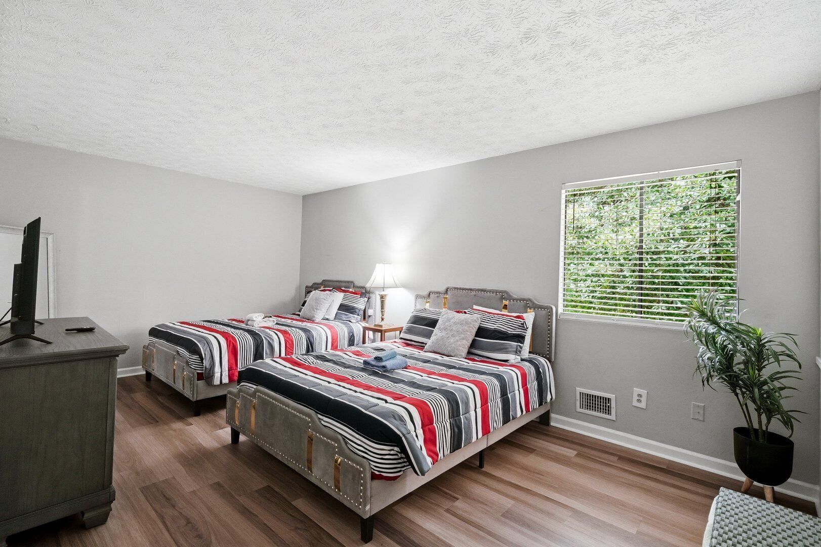 A bedroom with two beds, a desk, a TV, a window with blinds, and a potted plant.