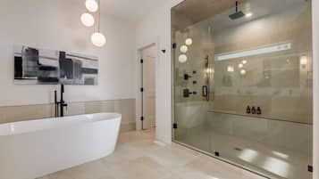 Shower, jetted tub, hair dryer, bidet