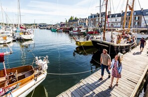 En småbåtshamn med förtöjda båtar, en träbrygga och byggnader i bakgrunden.