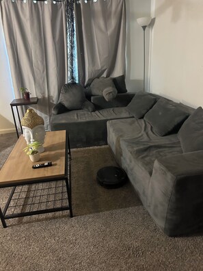 A living room with a sectional sofa, a small table with a plant, a remote control, and a robotic vacuum cleaner.