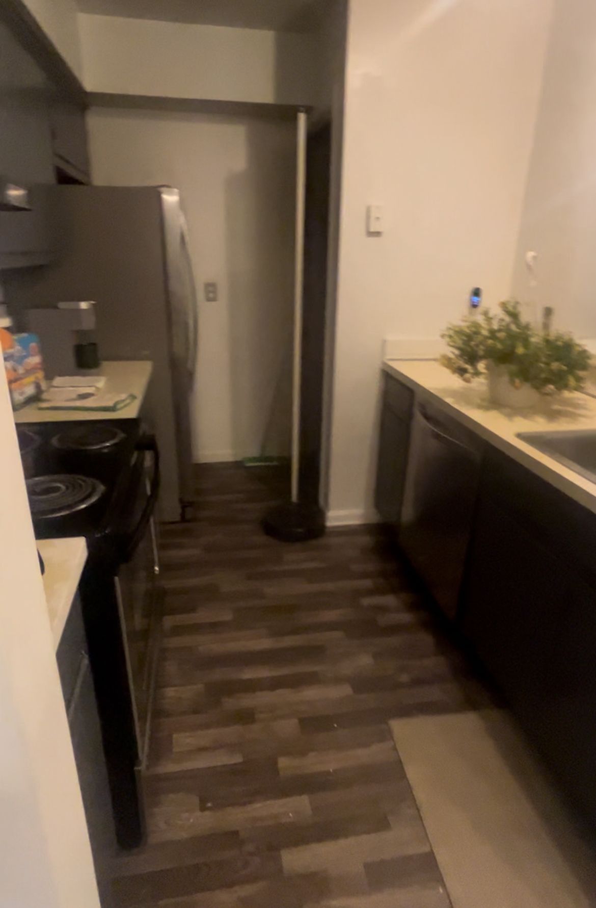 Una cocina estrecha con un refrigerador, estufa y lavaplatos.