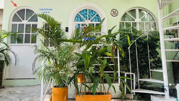 Un edificio con tres ventanas arqueadas, una escalera y plantas en macetas.