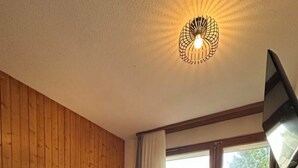 A bedroom with a wooden wall, a bed, a window with curtains, and a flat-screen TV. - Haus Petunia by Interhome (Saas-Grund)