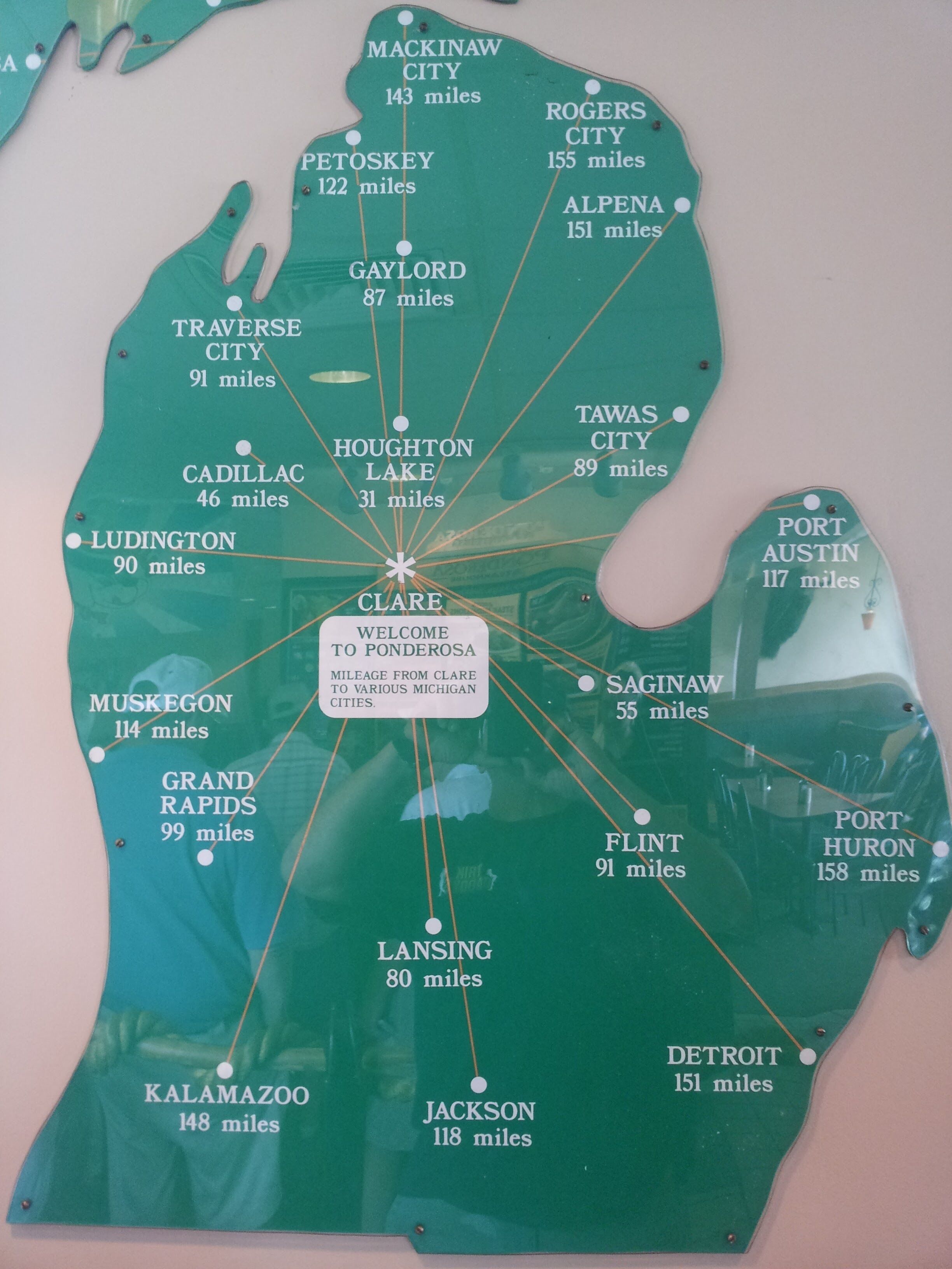 A map with distances to various Michigan cities from Clare.