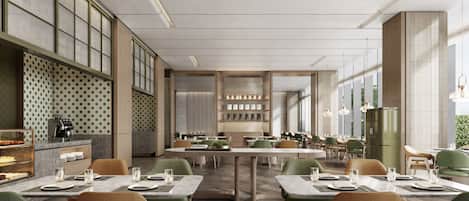 A modern restaurant with high ceilings, large windows, and a variety of seating arrangements.