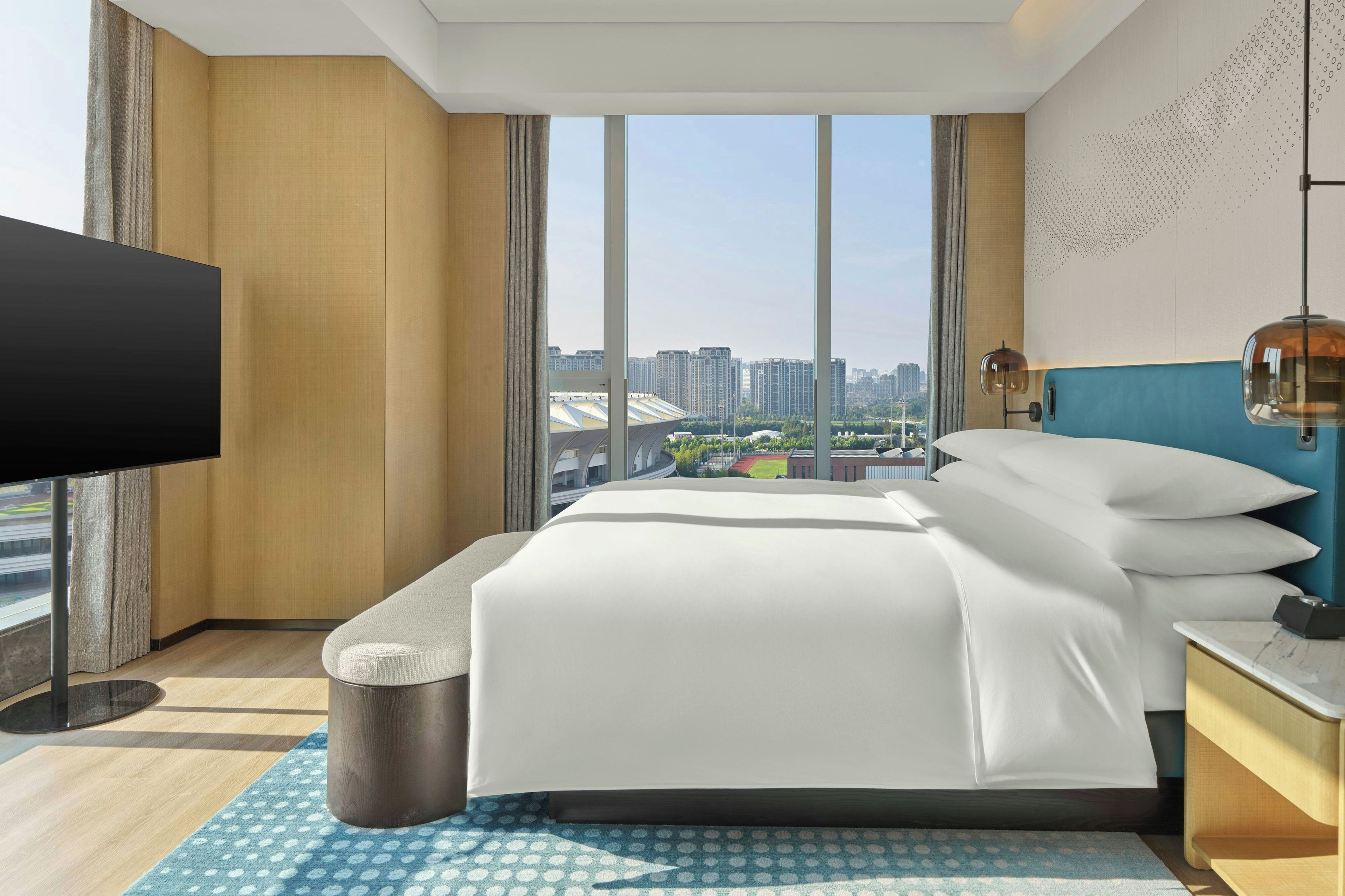 A hotel room with a large bed, a TV, a desk, and a view of the cityscape.